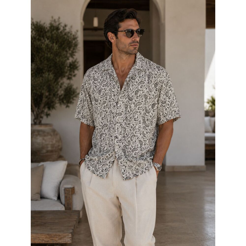 Y2K Vintage Silk Men's 100% Silk Paisley Camp Shirt XL Black & Ivory Resort